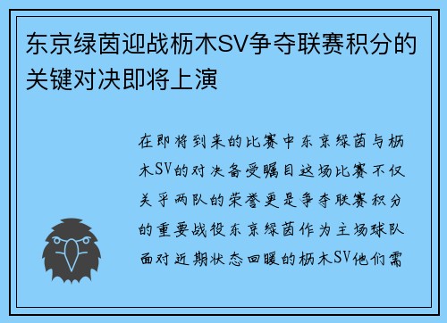 东京绿茵迎战枥木SV争夺联赛积分的关键对决即将上演