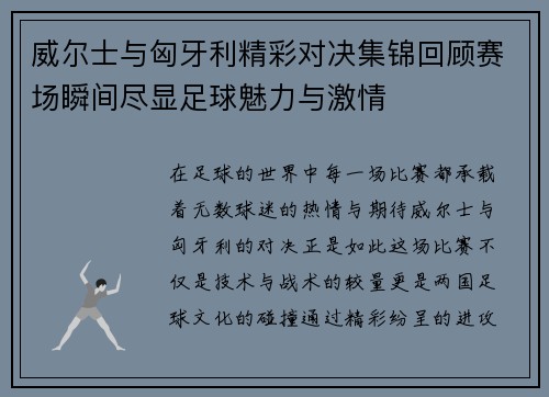 威尔士与匈牙利精彩对决集锦回顾赛场瞬间尽显足球魅力与激情